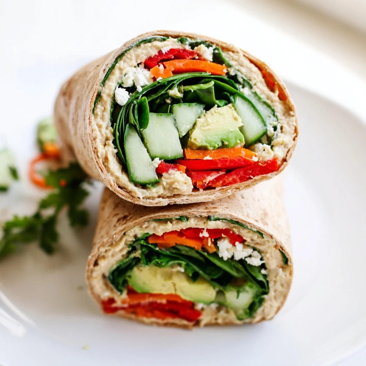 Mediterranean spinach hummus wraps filled with sliced cucumber bell peppers and creamy avocado