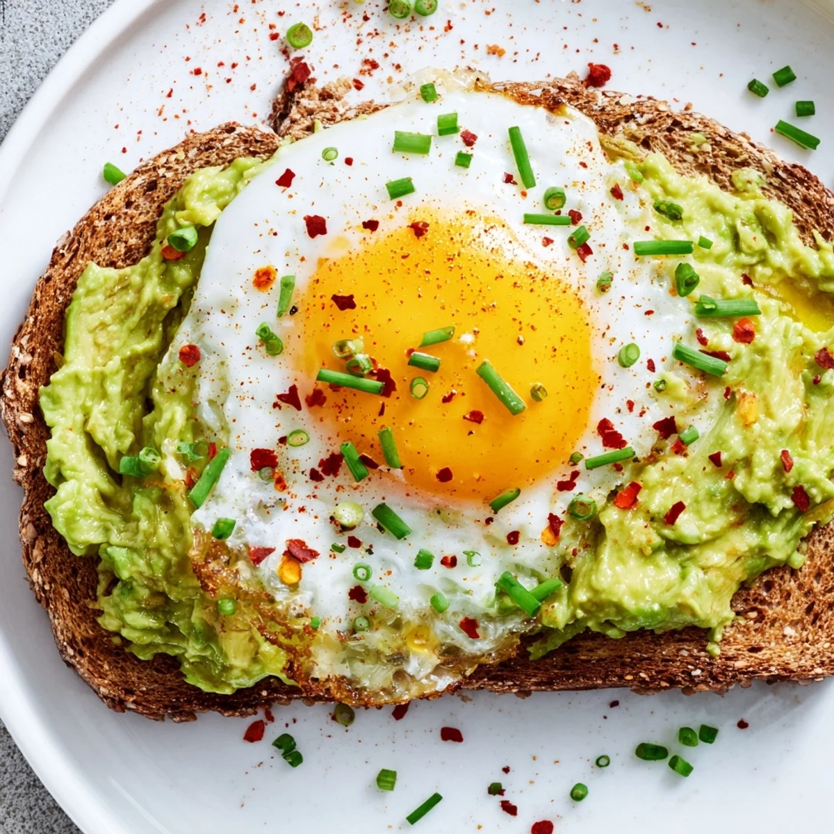Simple avocado toast with egg featuring red pepper flakes and fresh herbs on rustic sourdough