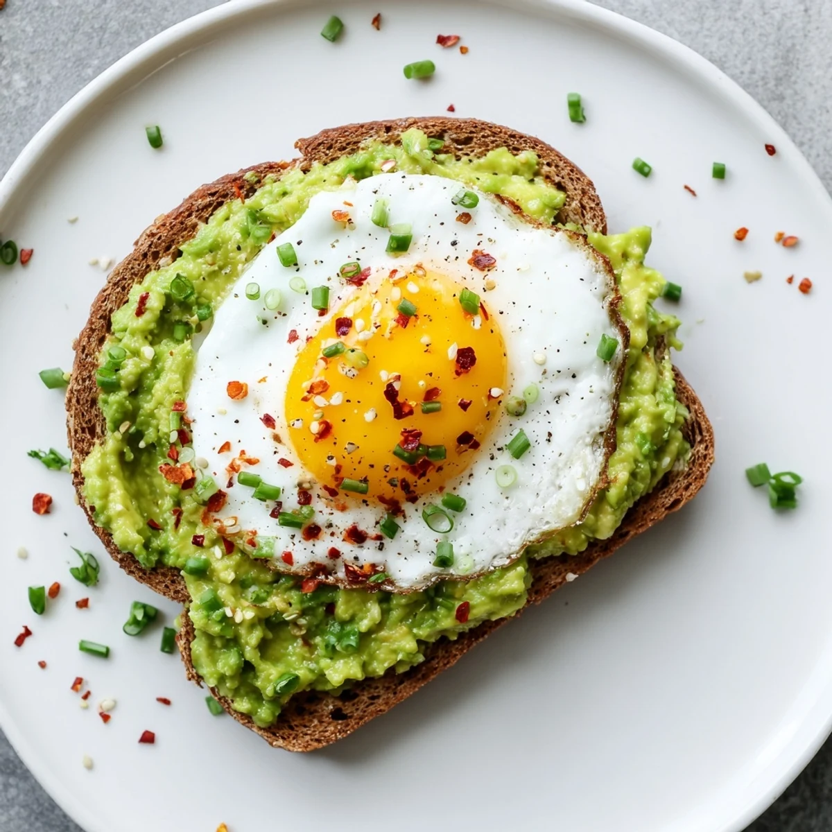 Breakfast plate with avocado toast recipe topped with a fried egg and cherry tomatoes