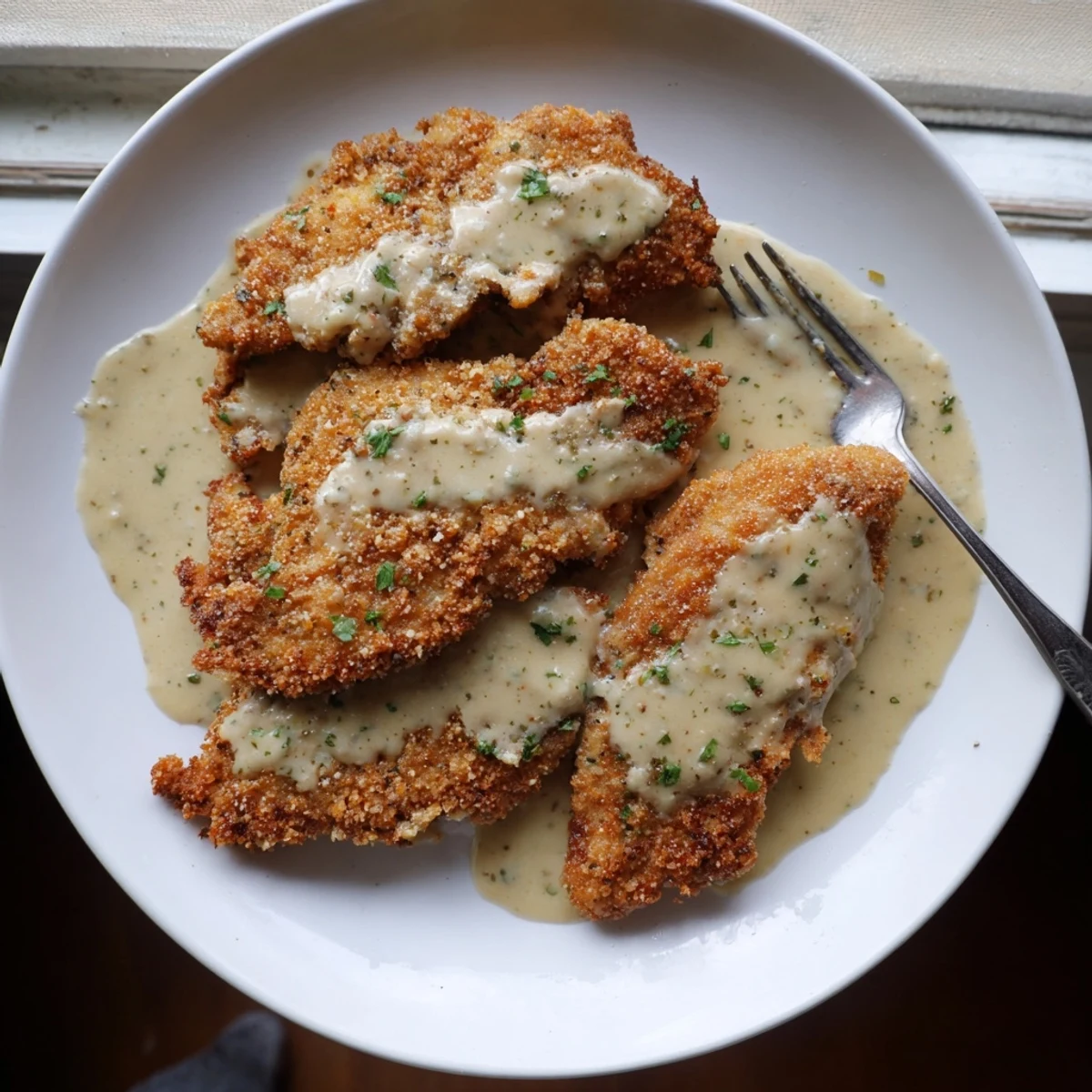 Golden brown crispy chicken breasts drizzled with velvety Parmesan cream sauce on a white plate