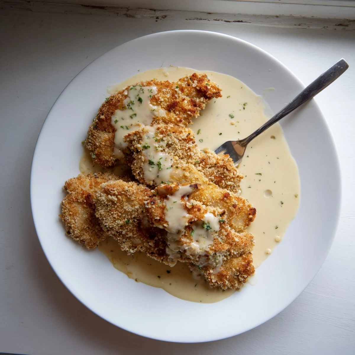 Juicy breaded chicken with a crunchy golden crust served over rich homemade creamy garlic sauce
