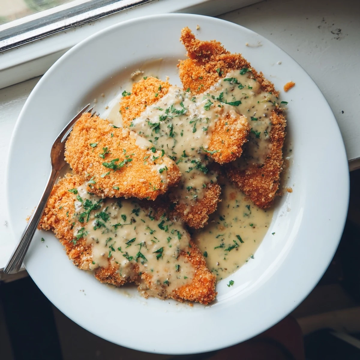Perfectly fried crispy chicken topped with smooth white cream sauce and garnished with fresh parsley