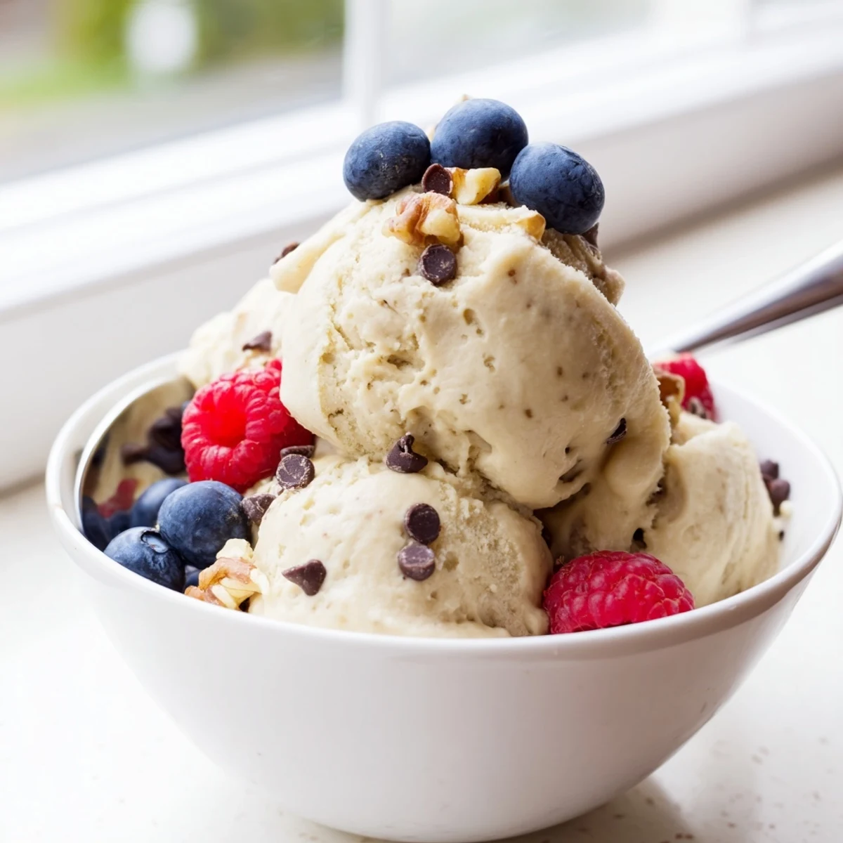Creamy banana nice cream served in a chilled bowl topped with fresh berries