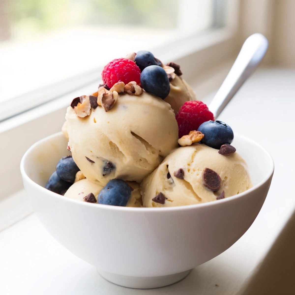Dairy-free banana nice cream scooped into dessert bowls with chopped nuts and chocolate chips