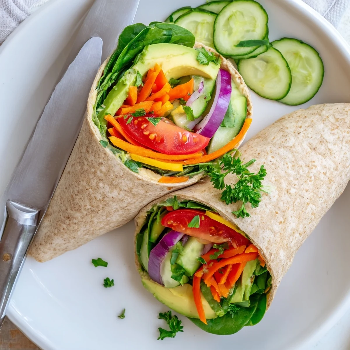 Mediterranean-style Heavenly Hummus Wrap featuring sliced peppers cucumber avocado and tender baby spinach diagonally cut
