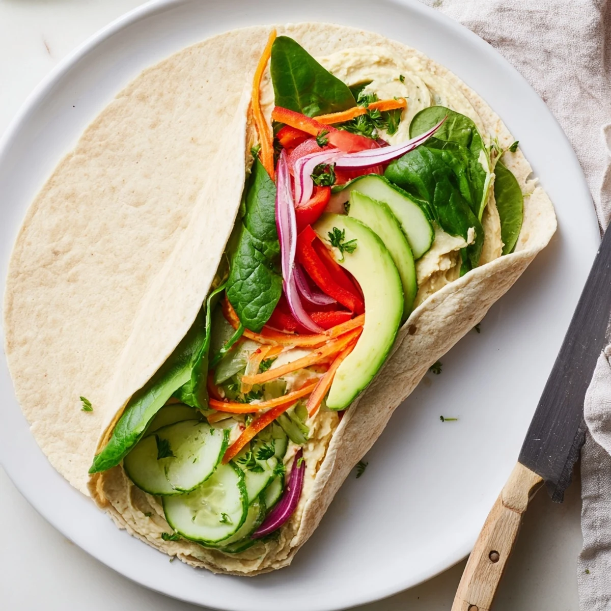 Golden whole wheat tortilla wrapped around creamy hummus and colorful crisp fresh vegetables