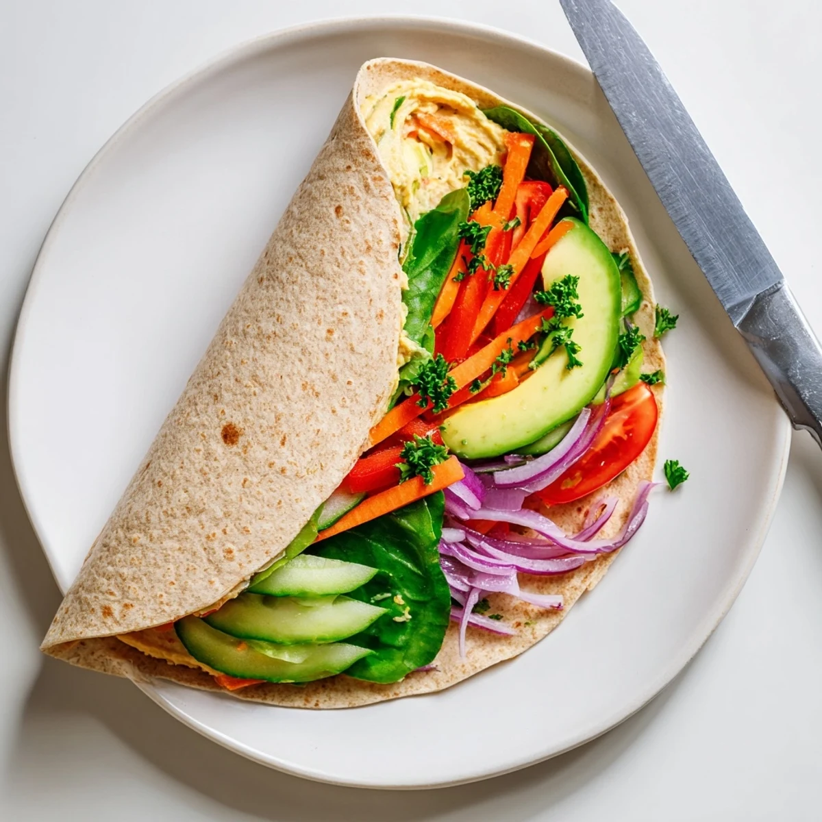 Plant-based lunch wrap displaying layers of creamy hummus crisp veggies and fresh herbs ready to serve