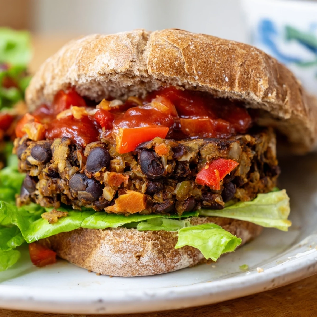 Golden veggie burgers recipe stacked on toasted buns with fresh lettuce, tomato, and melted cheese