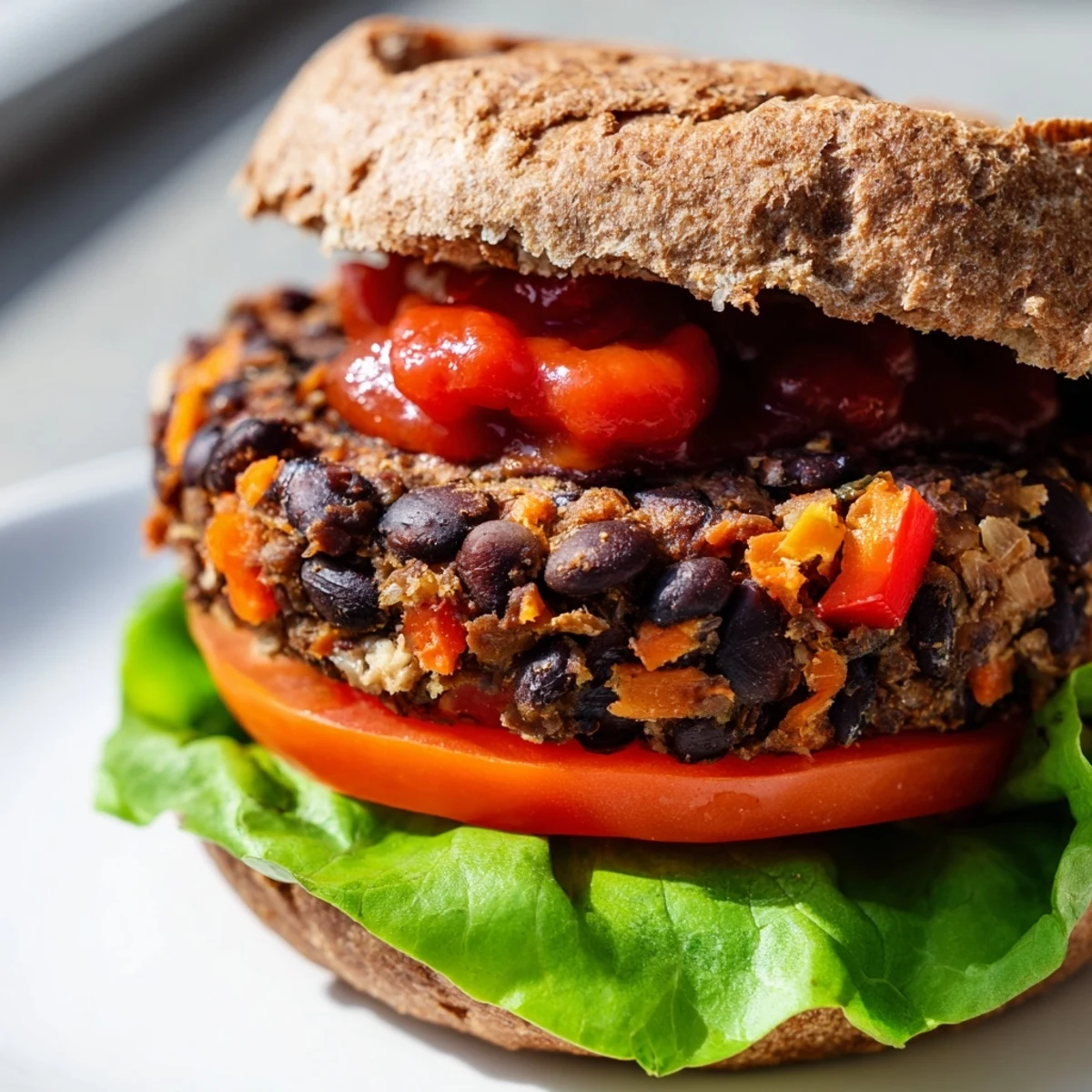 Mouthwatering homemade veggie burgers recipe served on a wooden cutting board with colorful toppings