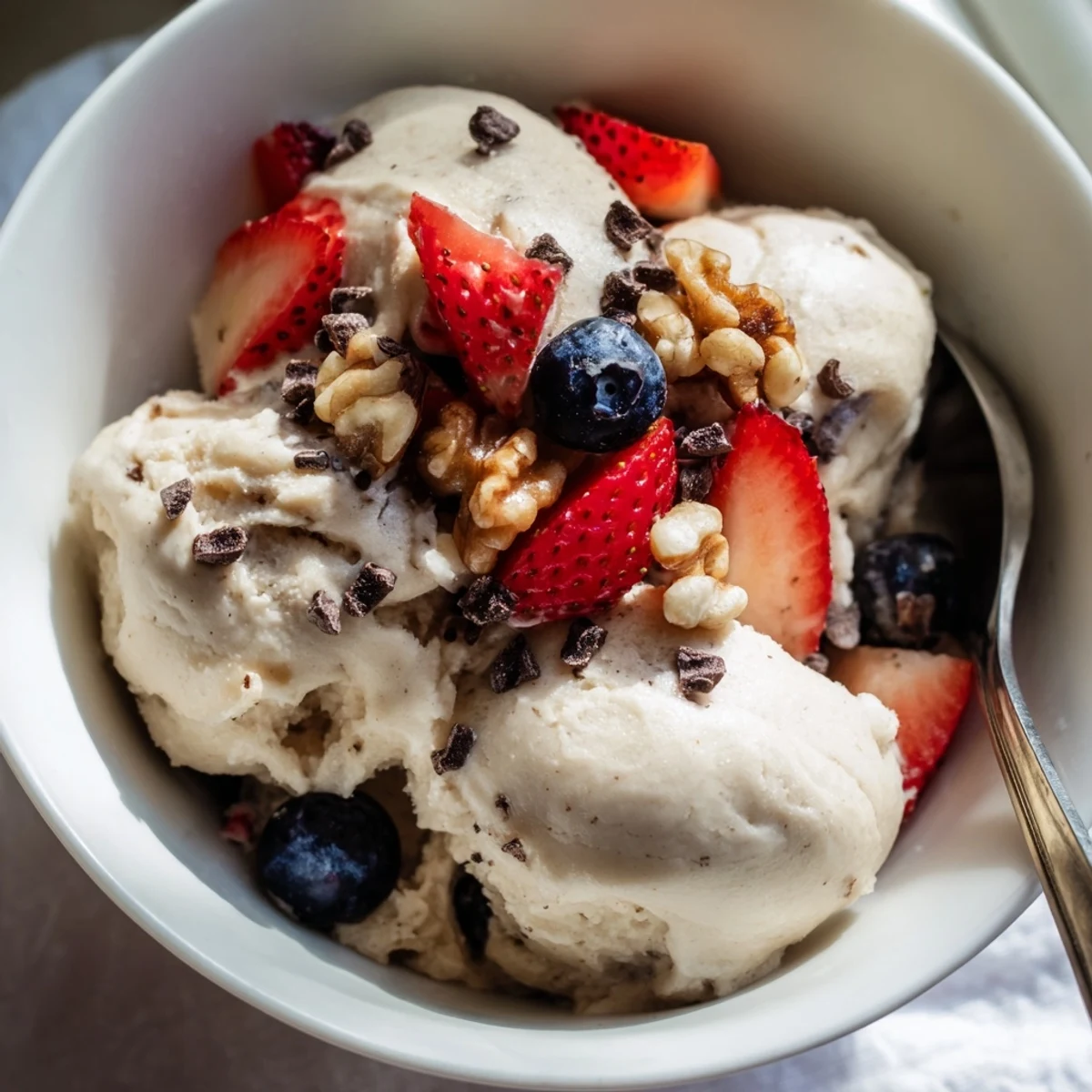Creamy healthy nice cream scooped into bowls topped with fresh banana slices and crunchy nuts