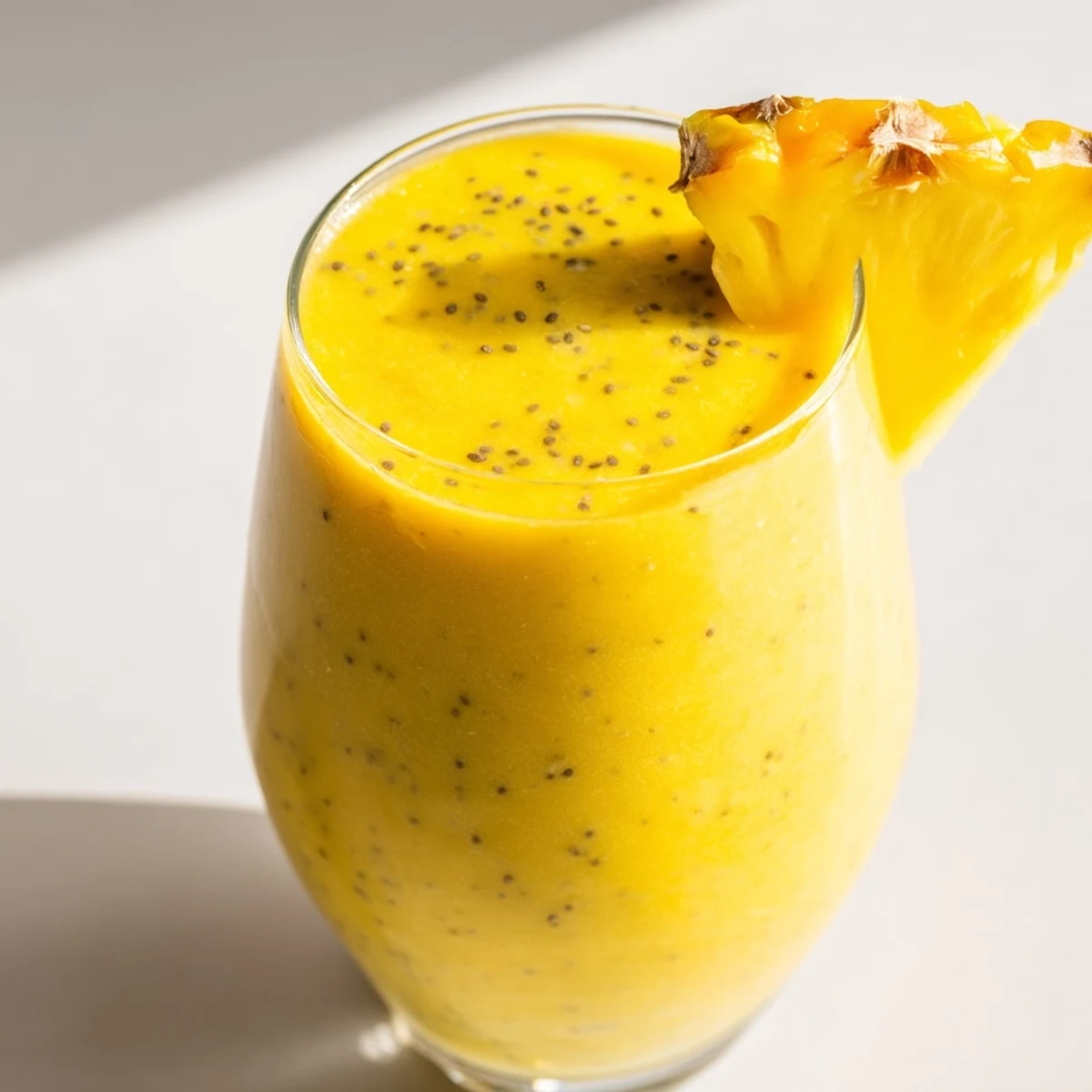 Creamy pineapple mango smoothie recipe blended with banana and coconut water in tall glasses
