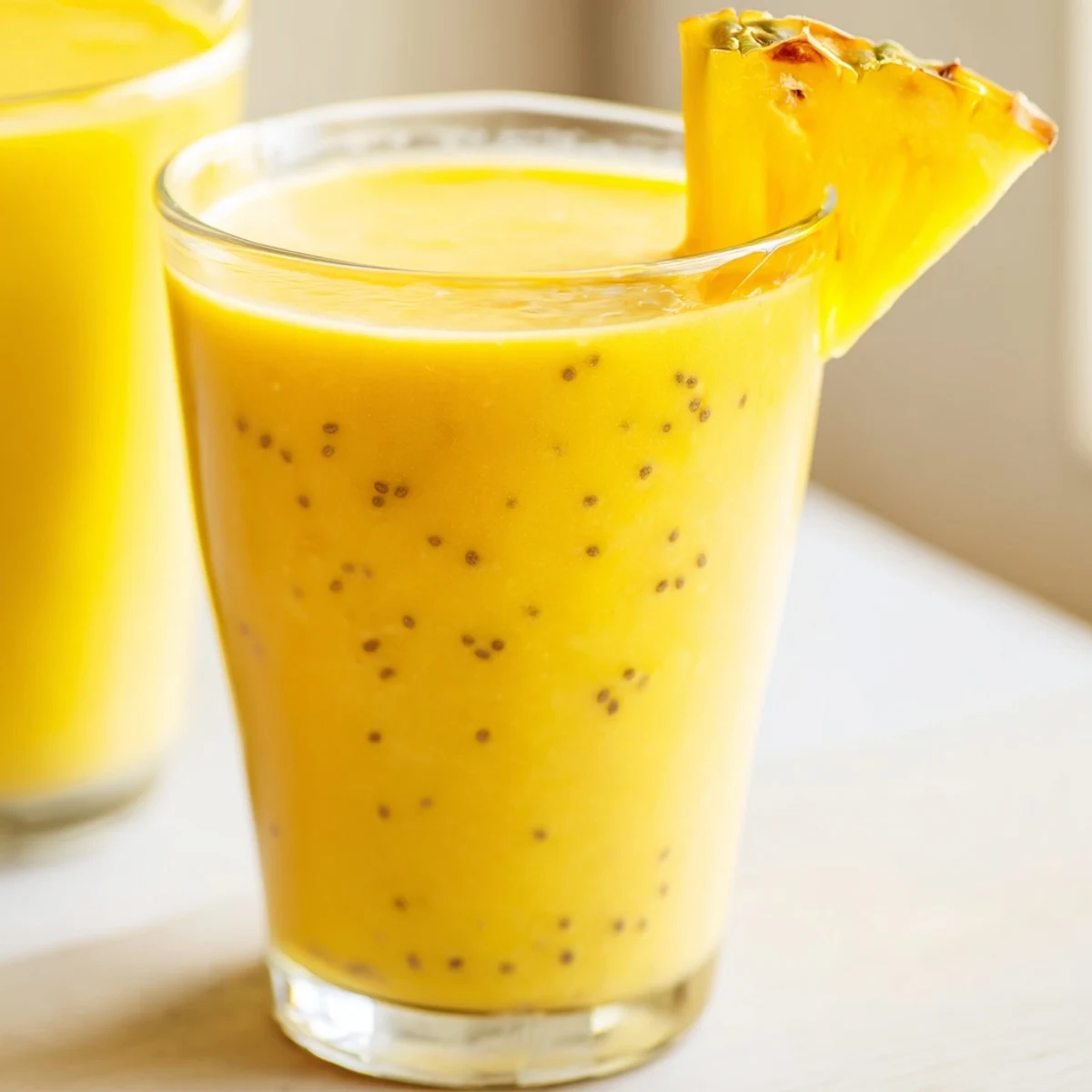 Tropical pineapple mango smoothie recipe poured into two glasses with fresh fruit garnish on top