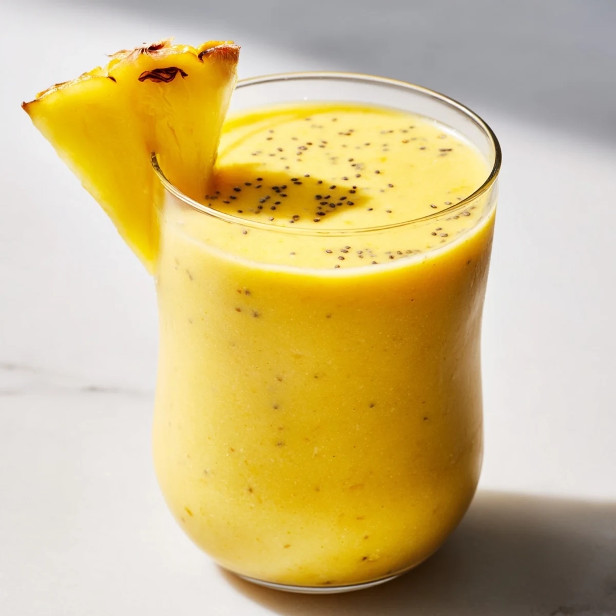 Vibrant yellow pineapple mango smoothie recipe served with pineapple wedges on a wooden table