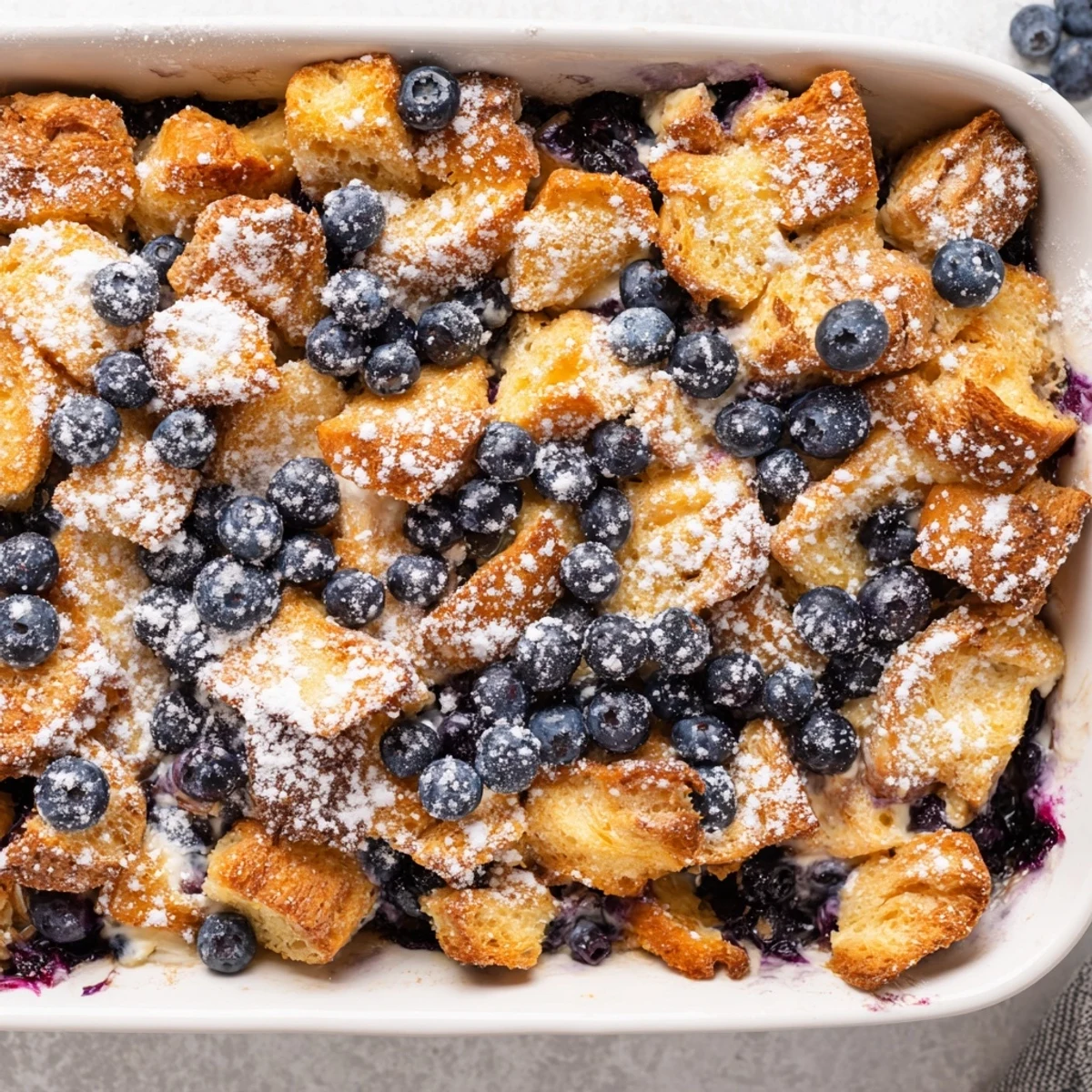 Golden blueberry cream cheese croissant casserole with juicy berries nestled in buttery layers
