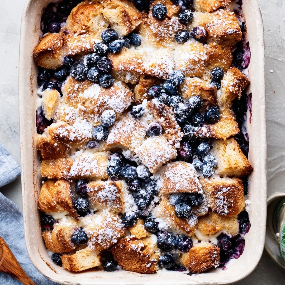 Baked blueberry cream cheese croissant casserole dusted with powdered sugar and fresh blueberries