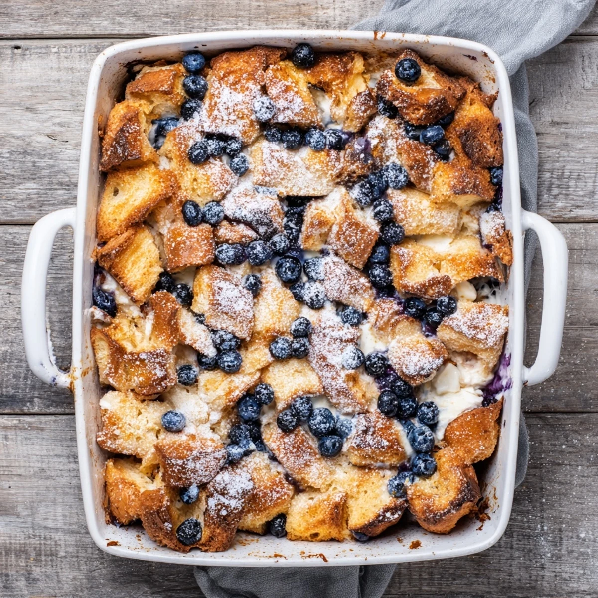 Warm blueberry cream cheese croissant casserole served with maple syrup for breakfast brunch