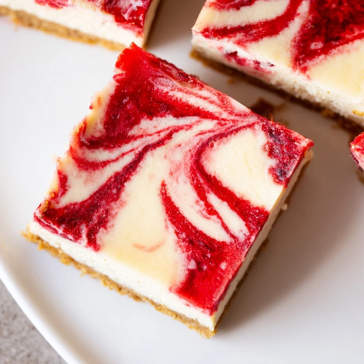 Creamy strawberry swirl cheesecake bars with graham cracker crust and red berry marbling pattern