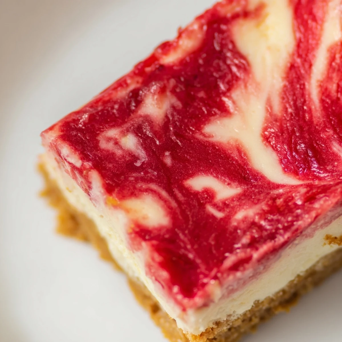 Square cheesecake bars featuring fresh strawberry swirl topping and golden buttery graham cracker base