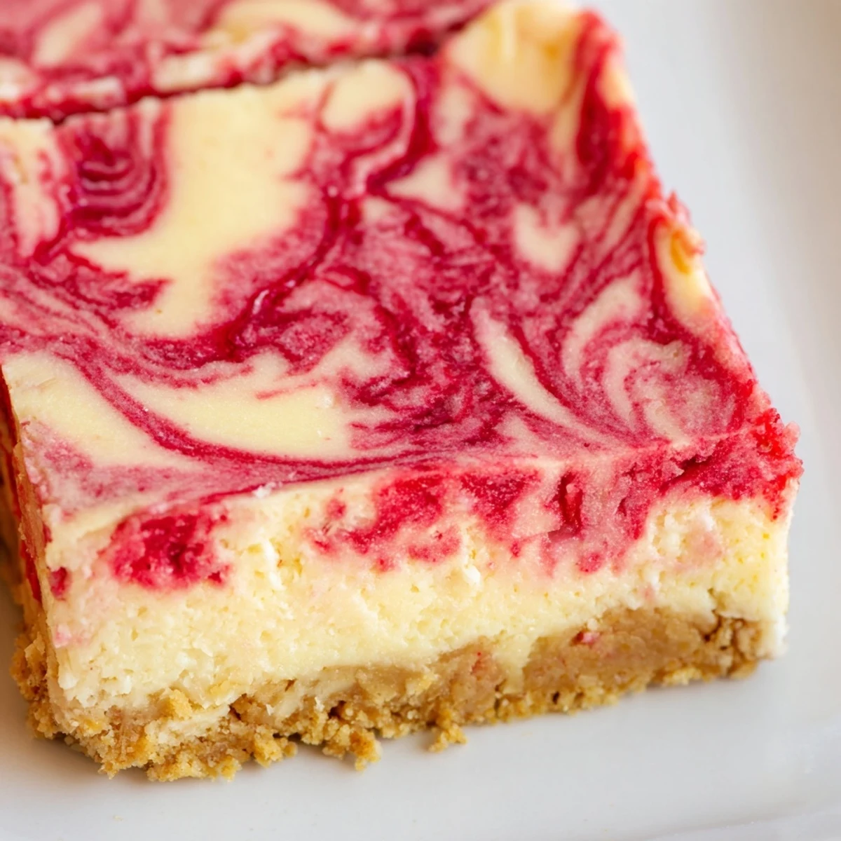 Homemade strawberry swirl cheesecake bars cut into squares with vibrant red fruit ribbons throughout