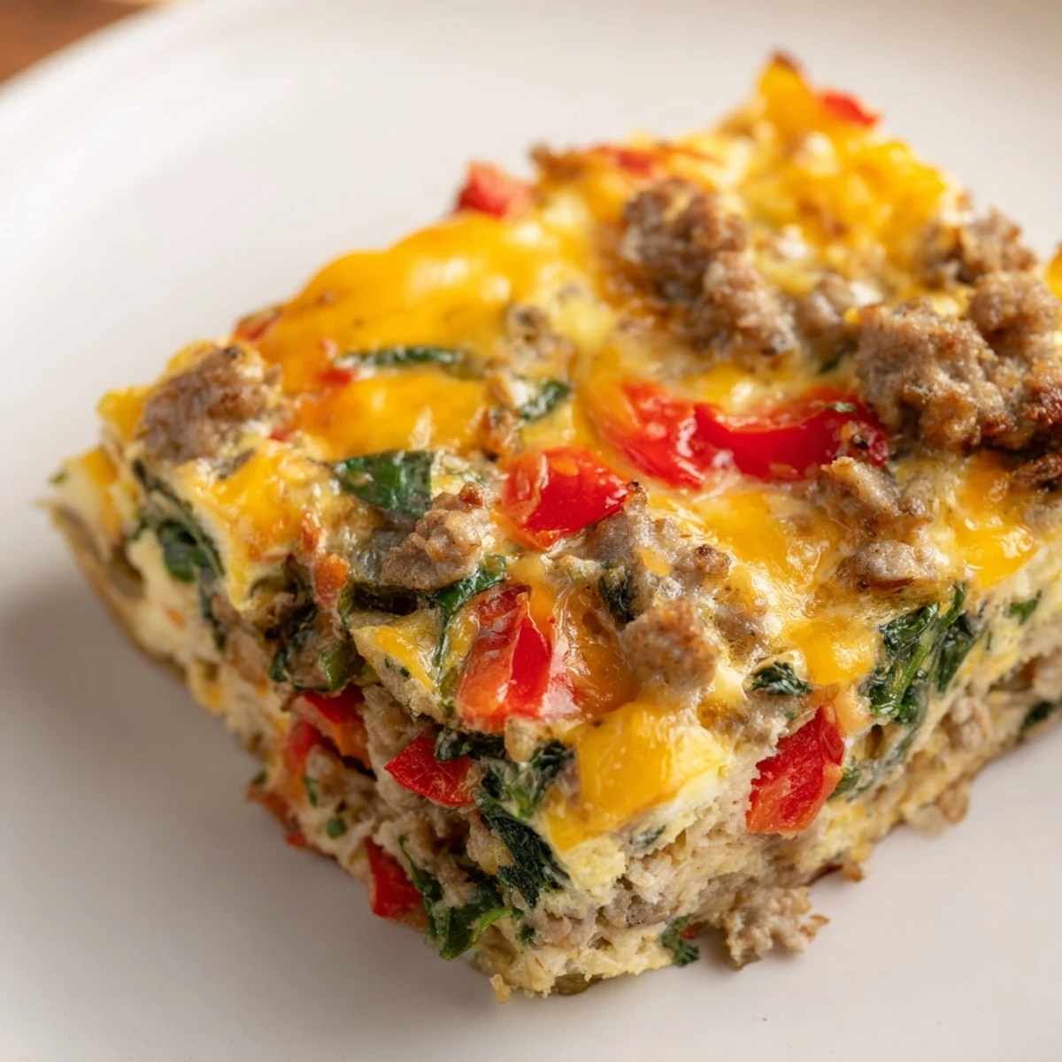 Golden high protein egg casserole with melted cheddar and colorful vegetables in a baking dish