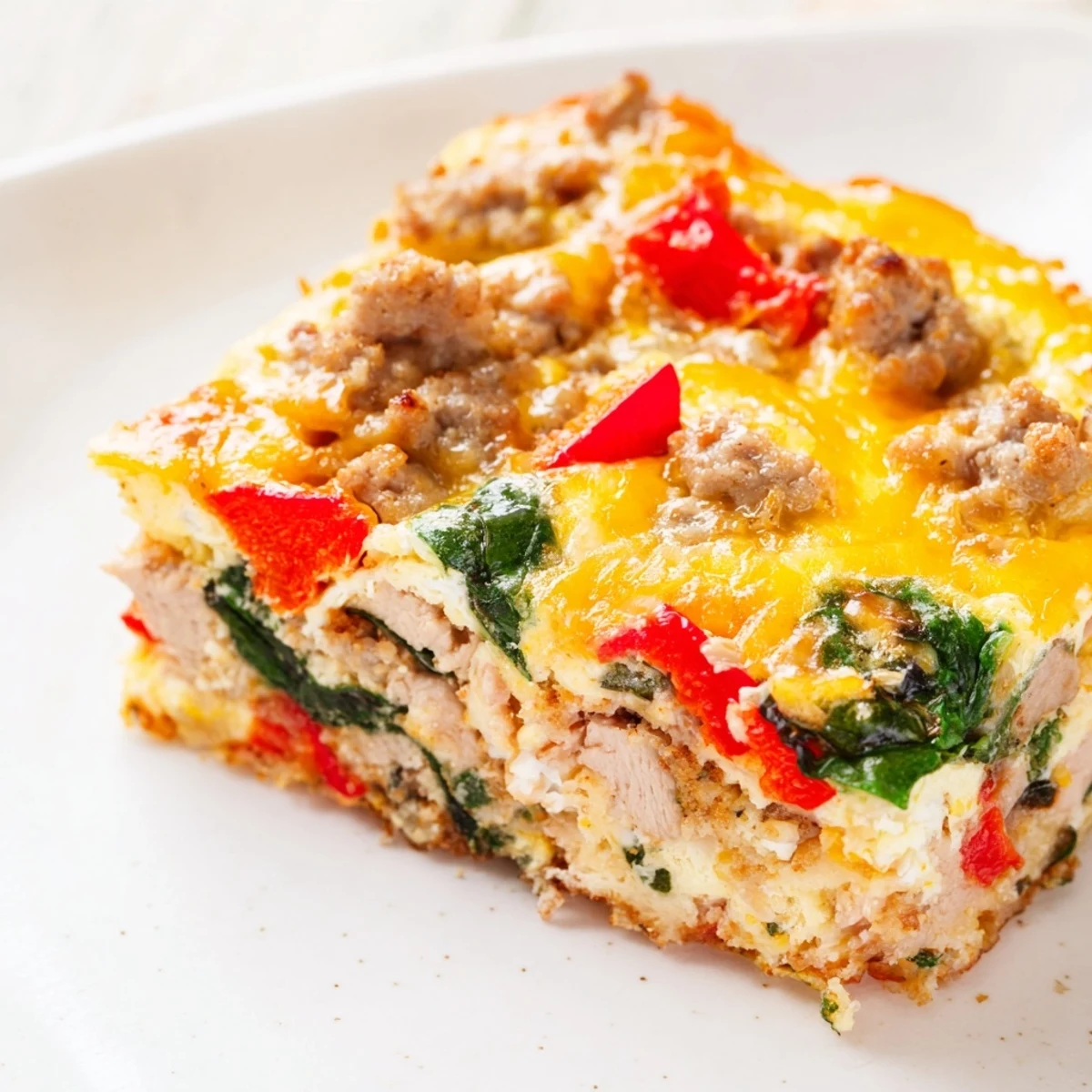 Fresh high protein egg casserole topped with cheese featuring bell peppers and onions before baking