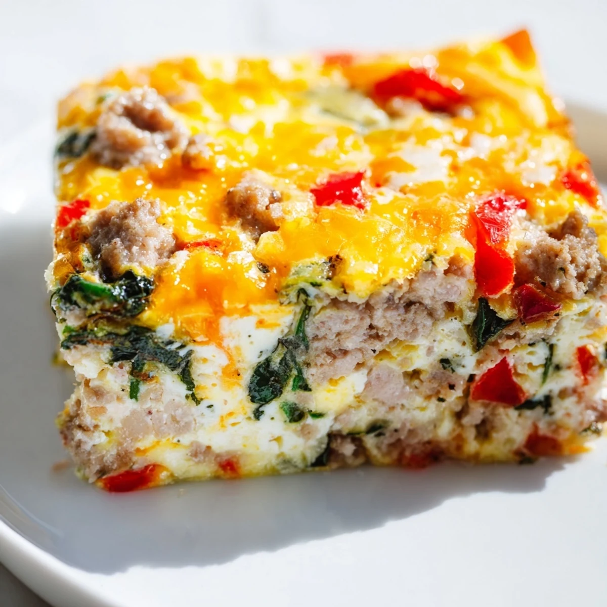 Sliced high protein egg casserole revealing fluffy eggs, turkey sausage, and spinach on a white plate