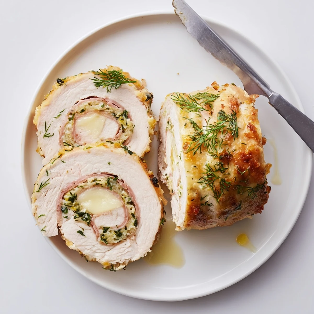 Sliced on a board, Crispy Pickle Brined Chicken Rolls with fresh dill garnish