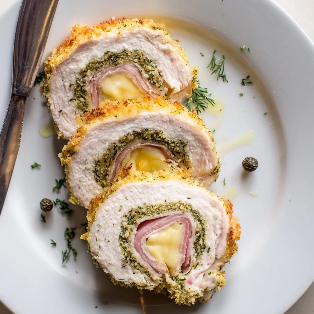Pan-fried Crispy Pickle Brined Chicken Rolls steaming, served alongside creamy potato salad