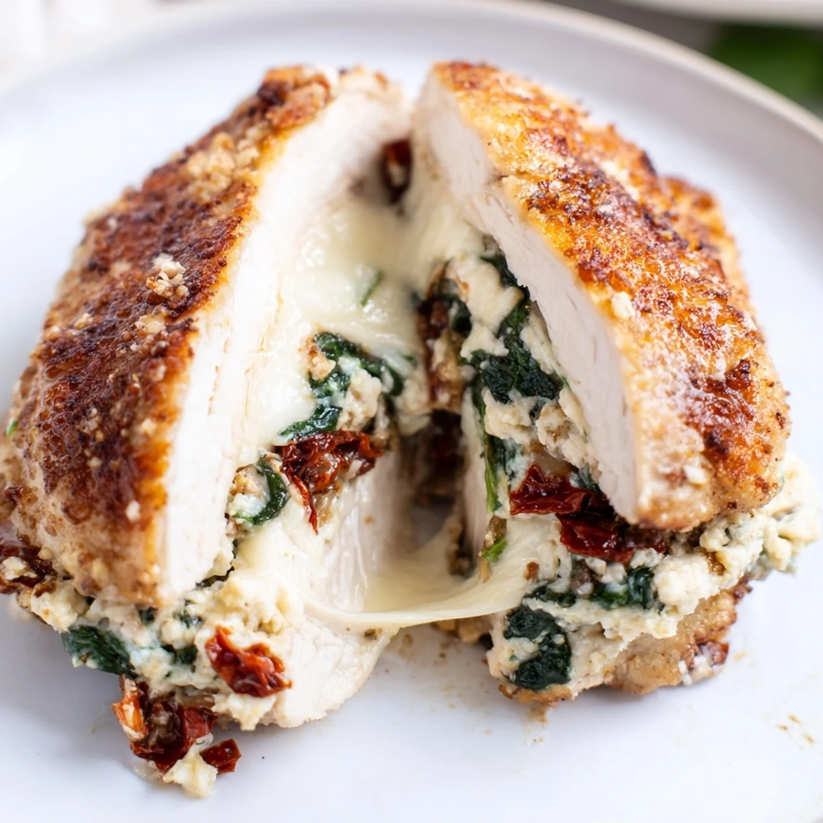 Cheesy Spinach Stuffed Chicken Sun Dried Tomato Flavor seared golden, oozing melty cheese.