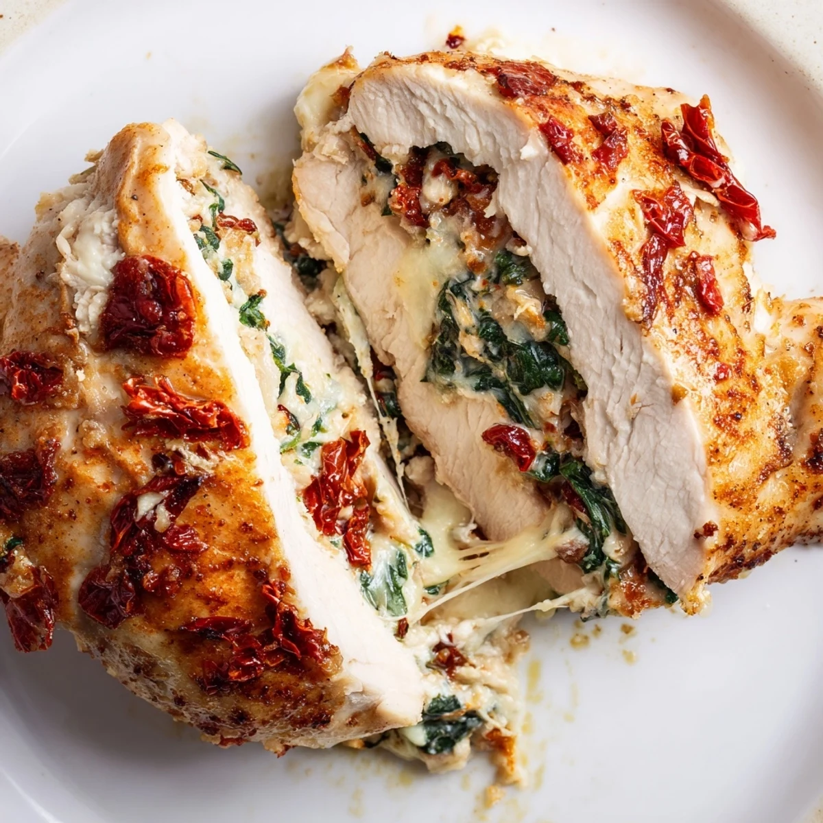 Plate shows Cheesy Spinach Stuffed Chicken Sun Dried Tomato Flavor with lemon.
