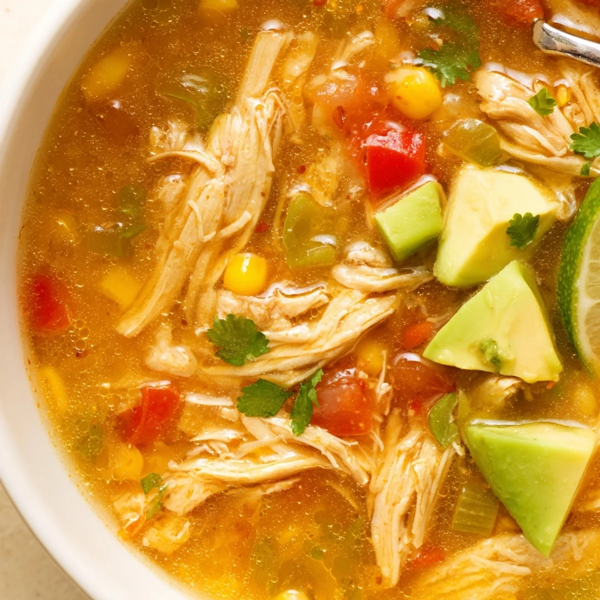 Bowl of Bold Zesty Chicken Lime Soup Recipe with avocado and tortilla strips
