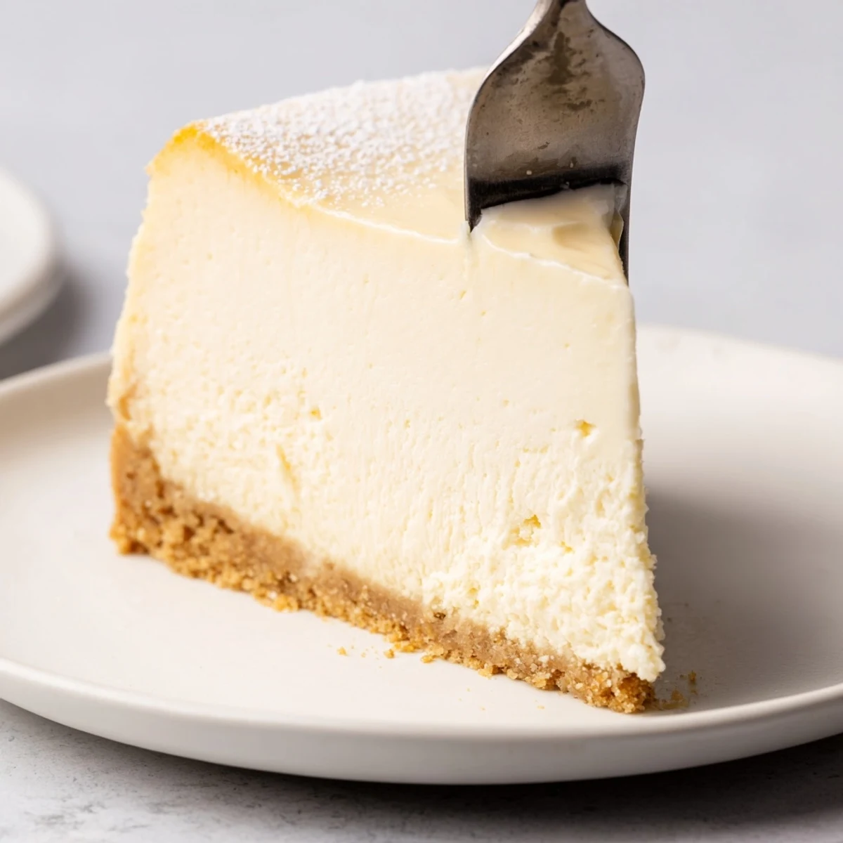 Classic Cheesecake with smooth, creamy filling on toasted graham crust, sliced.