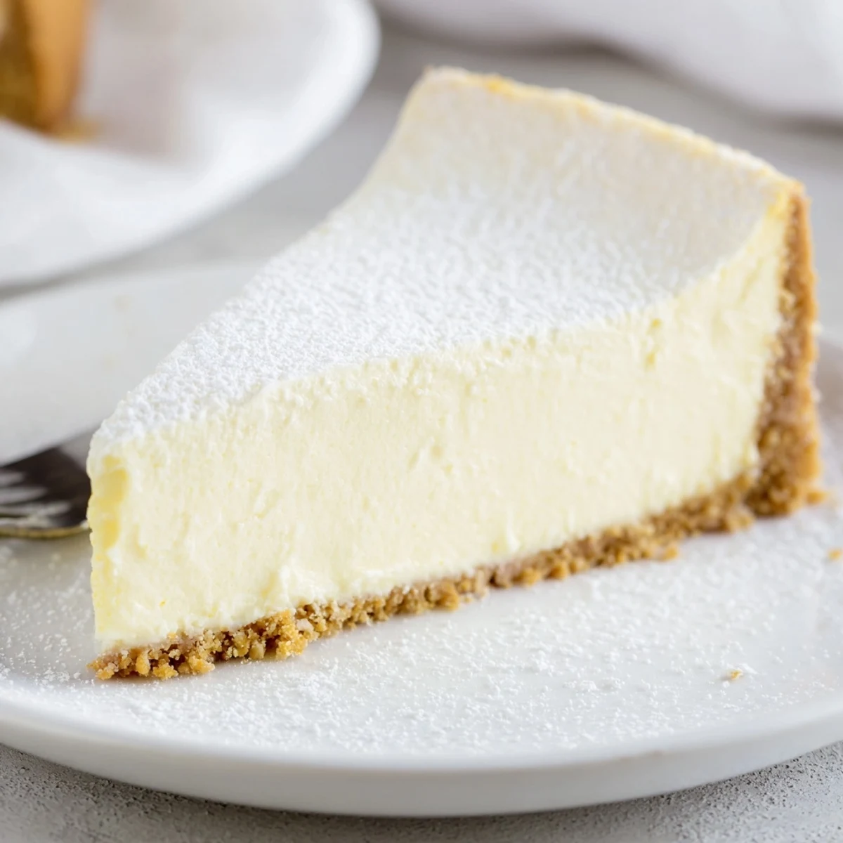 Warm fork-ready Classic Cheesecake slice, tangy lemon hint, velvety texture visible.