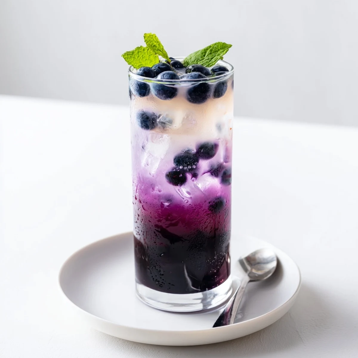 Blueberry Milk Tea Cooler with crushed ice, fresh blueberries, and mint garnish