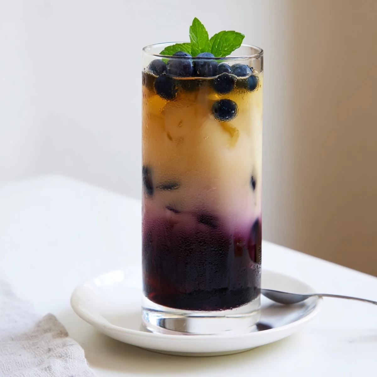Chilled Blueberry Milk Tea Cooler pouring into tall glass, creamy tea aroma