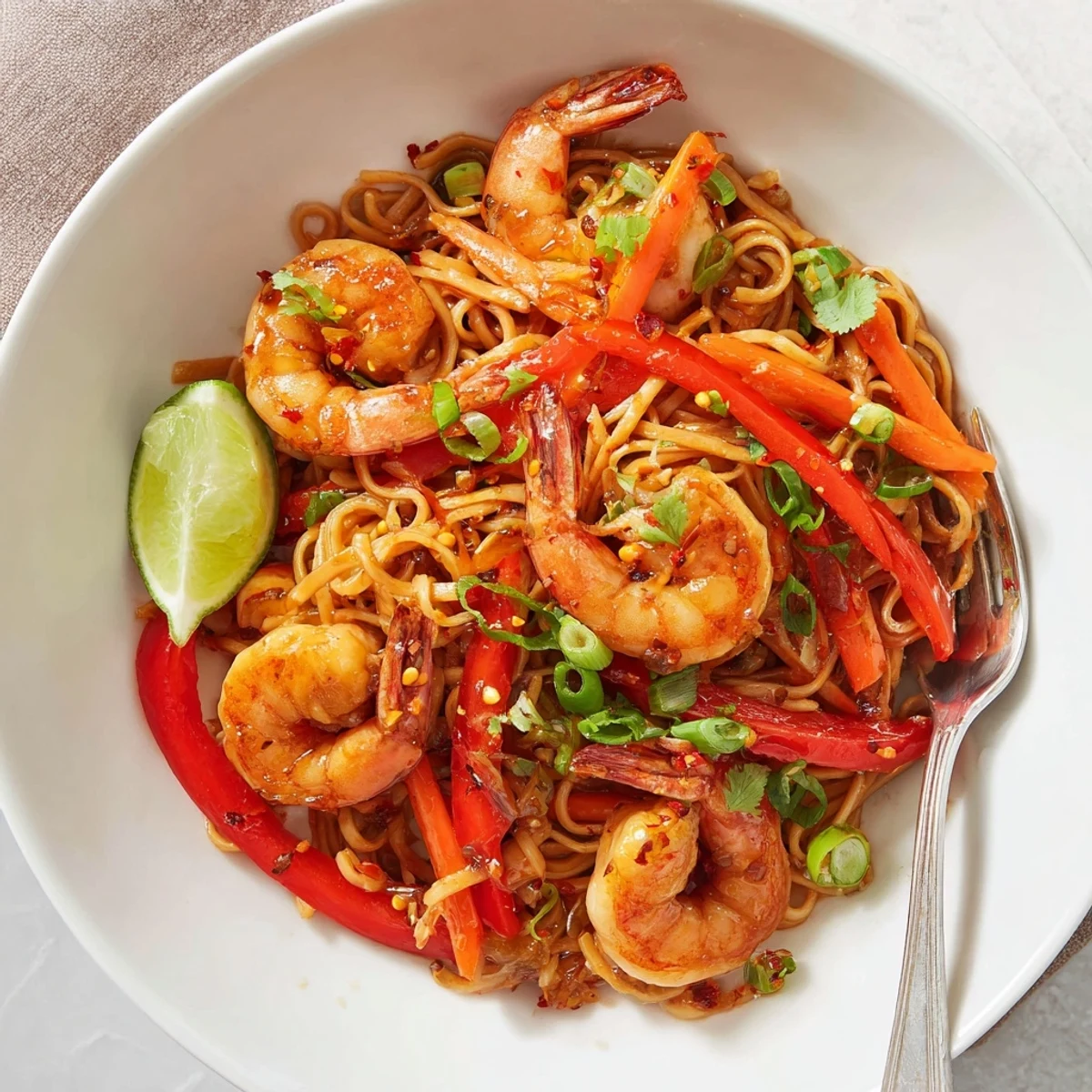 Spicy Garlic Shrimp Noodles Recipe on a plate, glossy sauce, lime wedge  