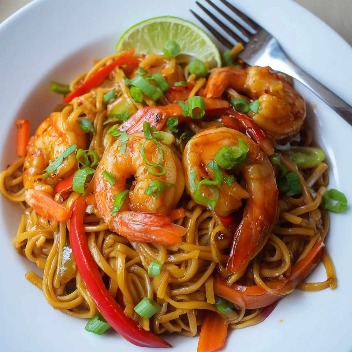 Steaming Spicy Garlic Shrimp Noodles Recipe tossed with cilantro, scallions, charred peppers  