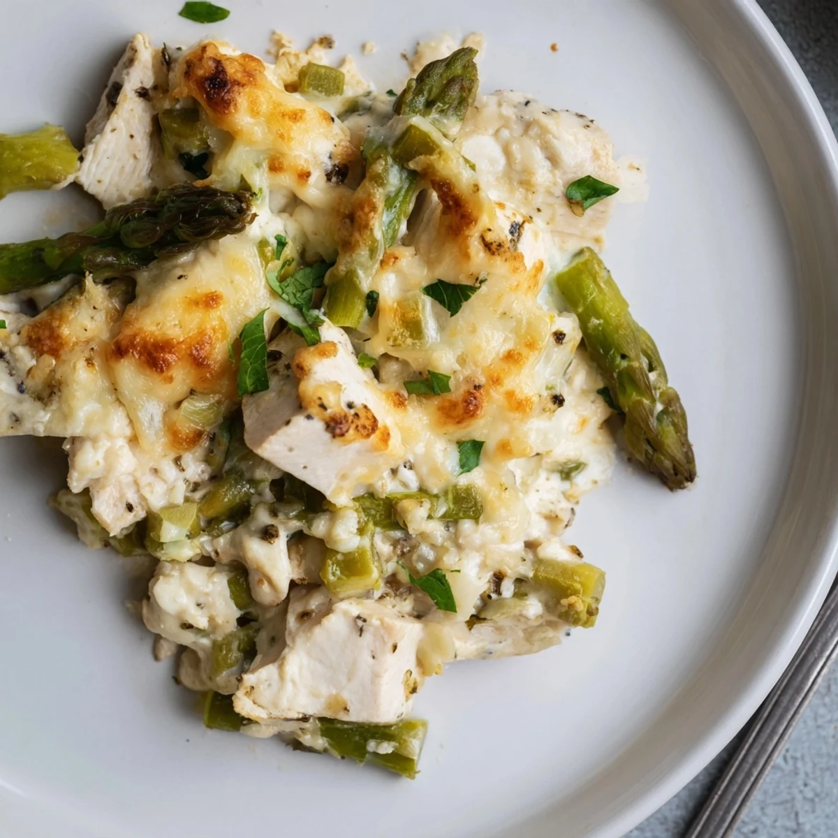 Slices of Creamy Chicken Asparagus Bake served hot with parsley garnish