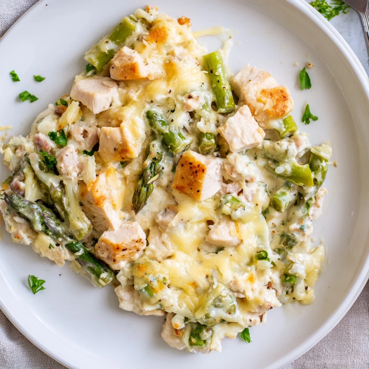 Creamy Chicken Asparagus Bake bubbling golden, tender breast pieces and crisp asparagus