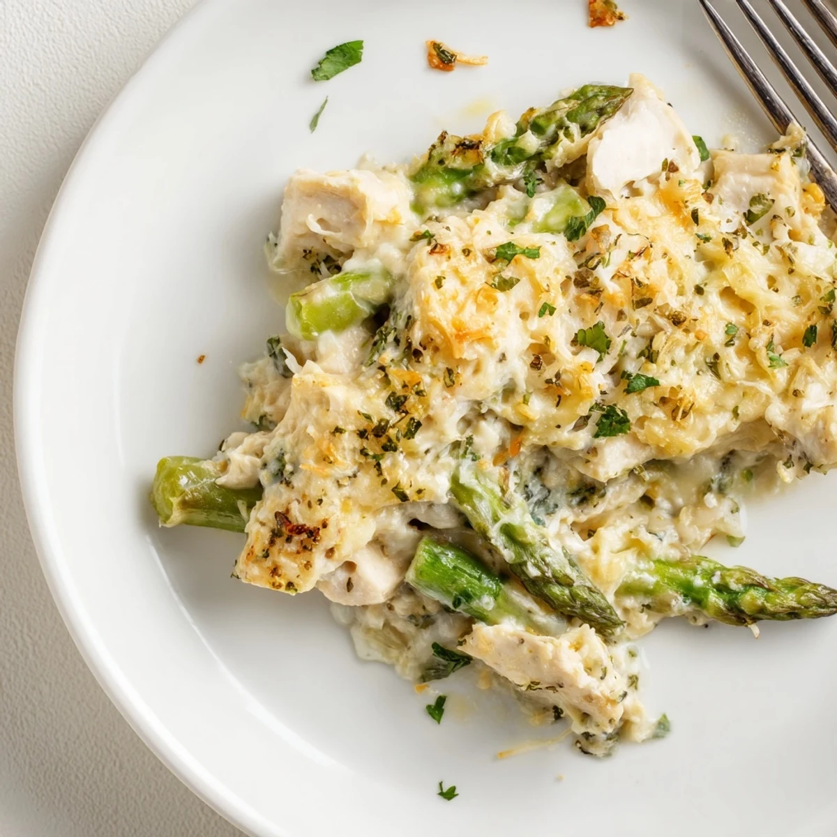 Fresh out of the oven Creamy Chicken Asparagus Bake oozing cheesy sauce