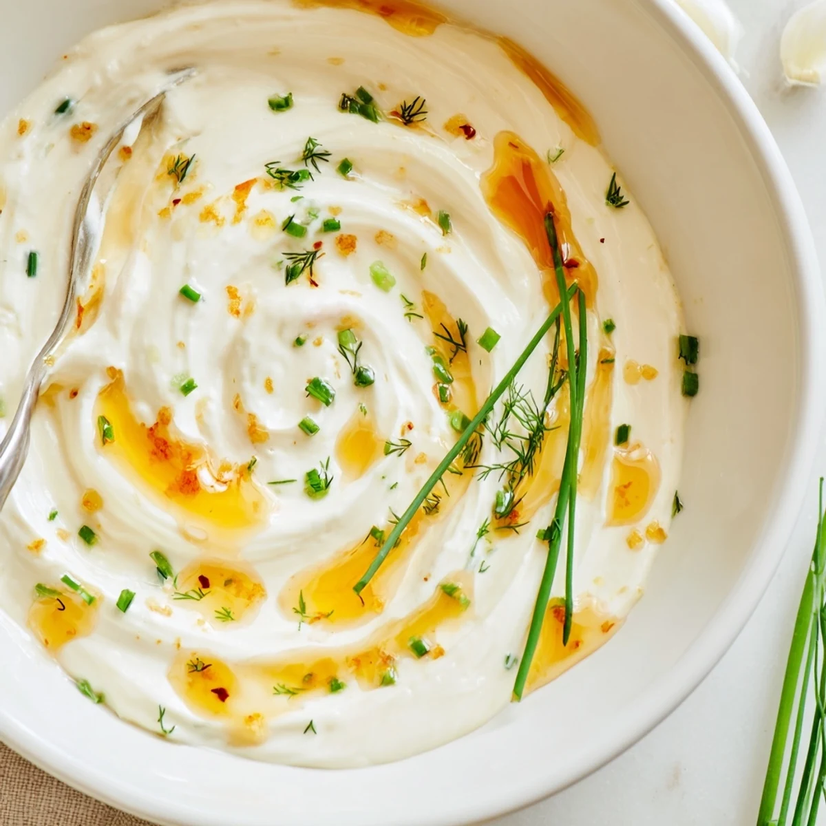 Chilled Hot Honey Ranch Dip with fresh chives and a spicy, sweet finish