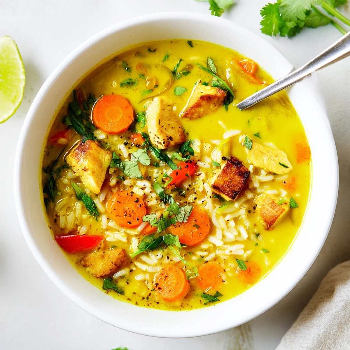 Golden Coconut Chicken Rice Soup steaming in bowl, creamy turmeric aroma, lime wedge