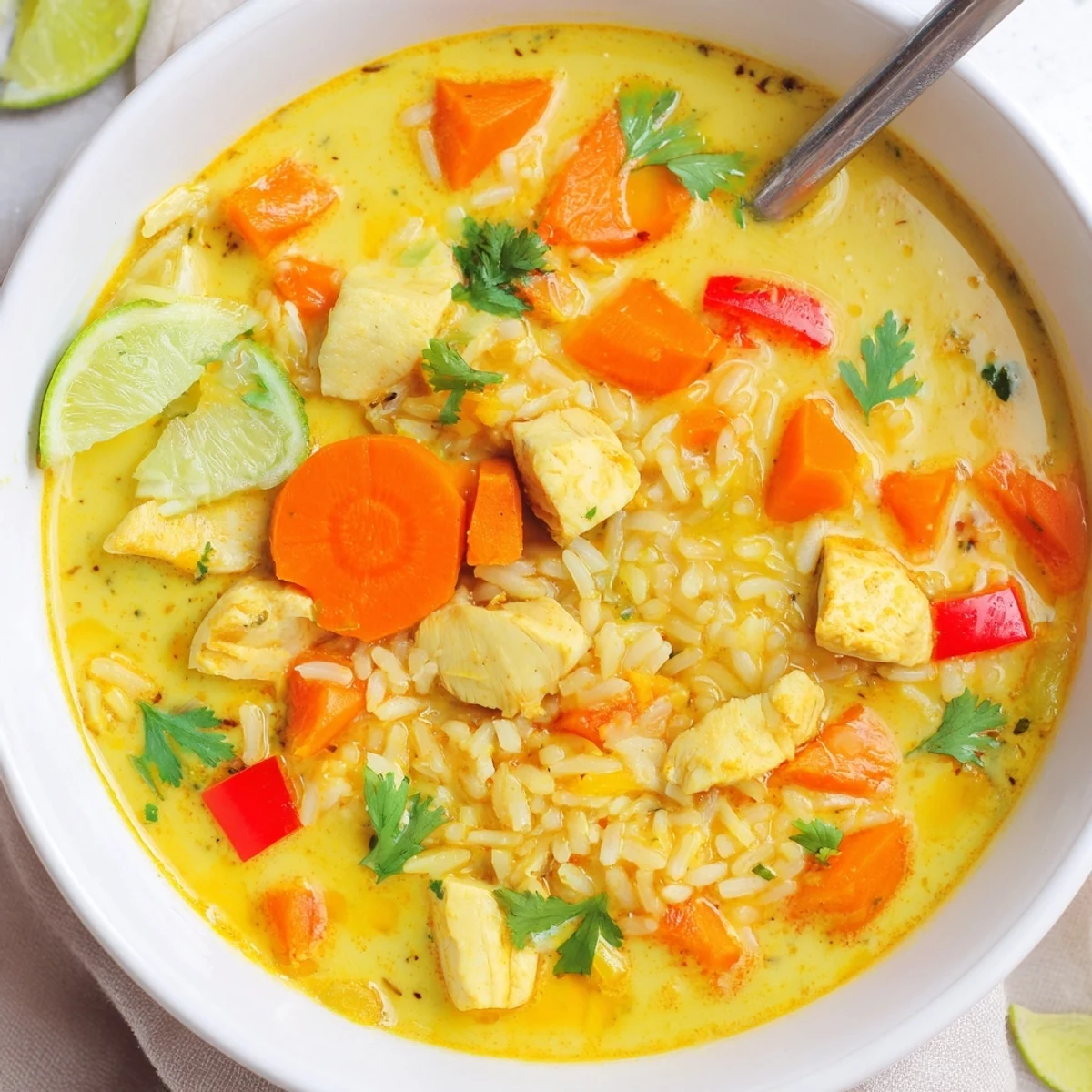 Warm Golden Coconut Chicken Rice Soup spoonful showing tender chicken, silky coconut broth