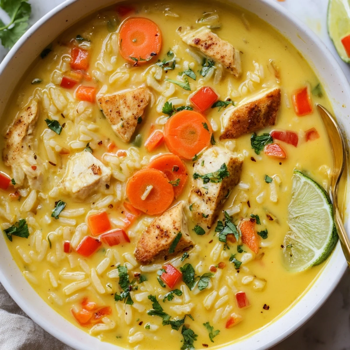 Bowl of Golden Coconut Chicken Rice Soup garnished with cilantro, vibrant color