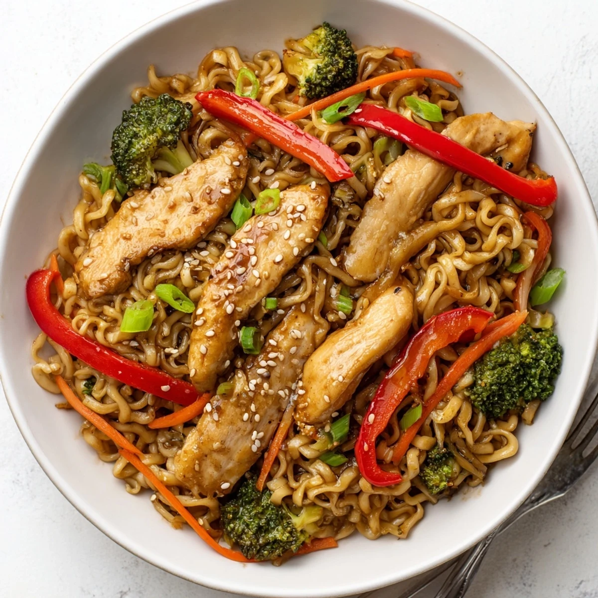 Chicken Ramen Stir Fry with glossy sauce, tender chicken and crisp vegetables.