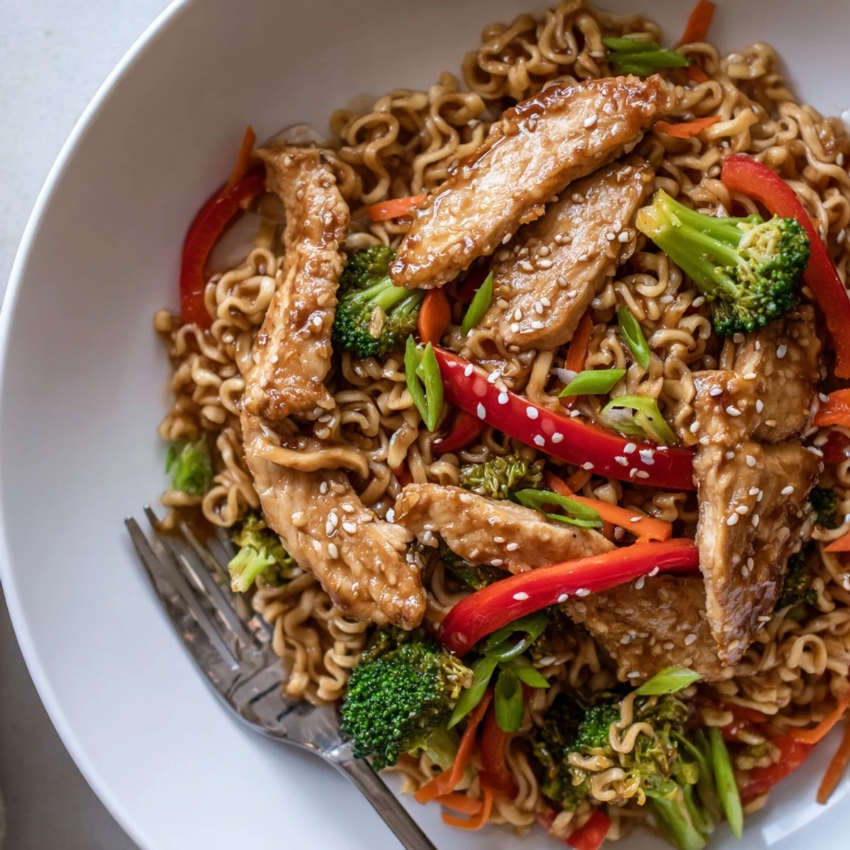 Pan-sizzled Chicken Ramen Stir Fry piled on plate, sesame seeds sprinkled.