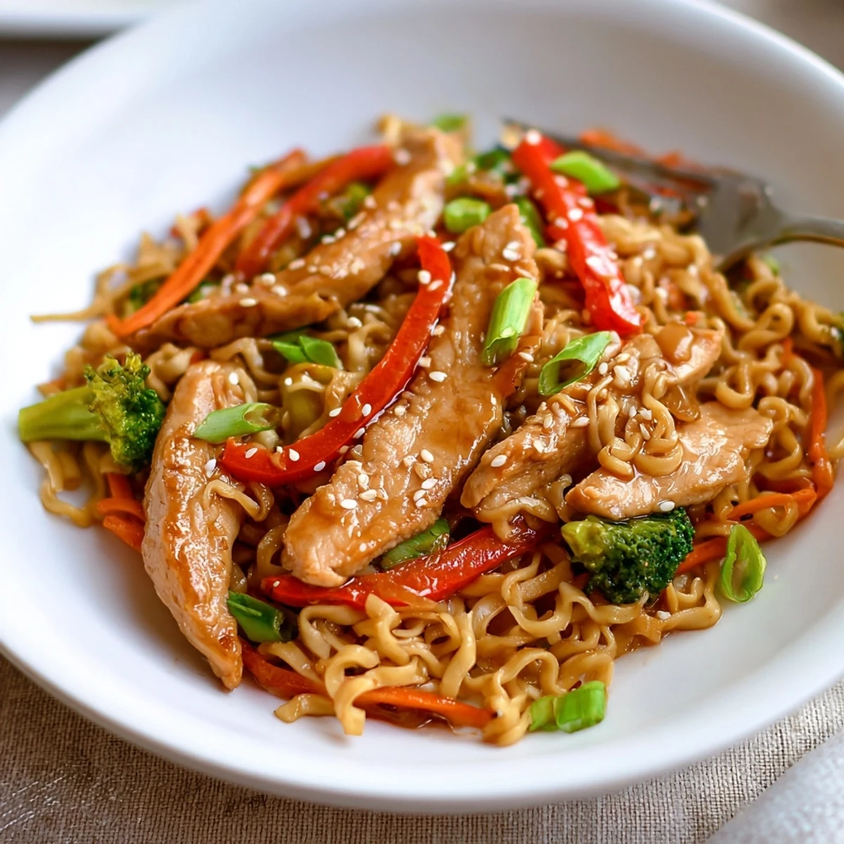 Bright Chicken Ramen Stir Fry with bouncy noodles, sweet bell pepper bites.