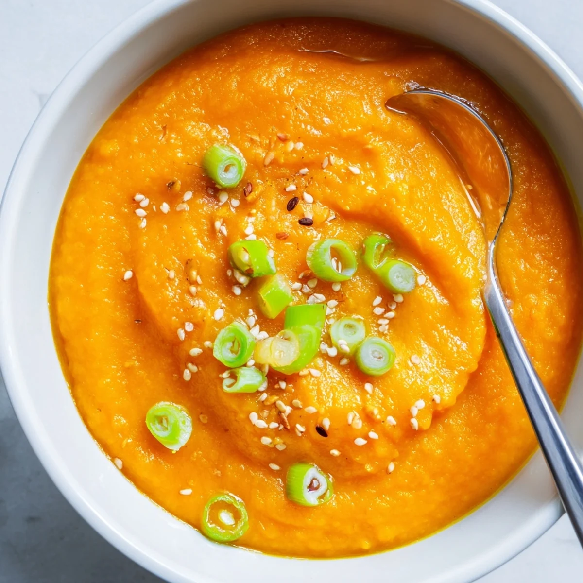 Creamy Carrot Ginger Miso Soup recipe, vivid orange puree garnished with scallions
