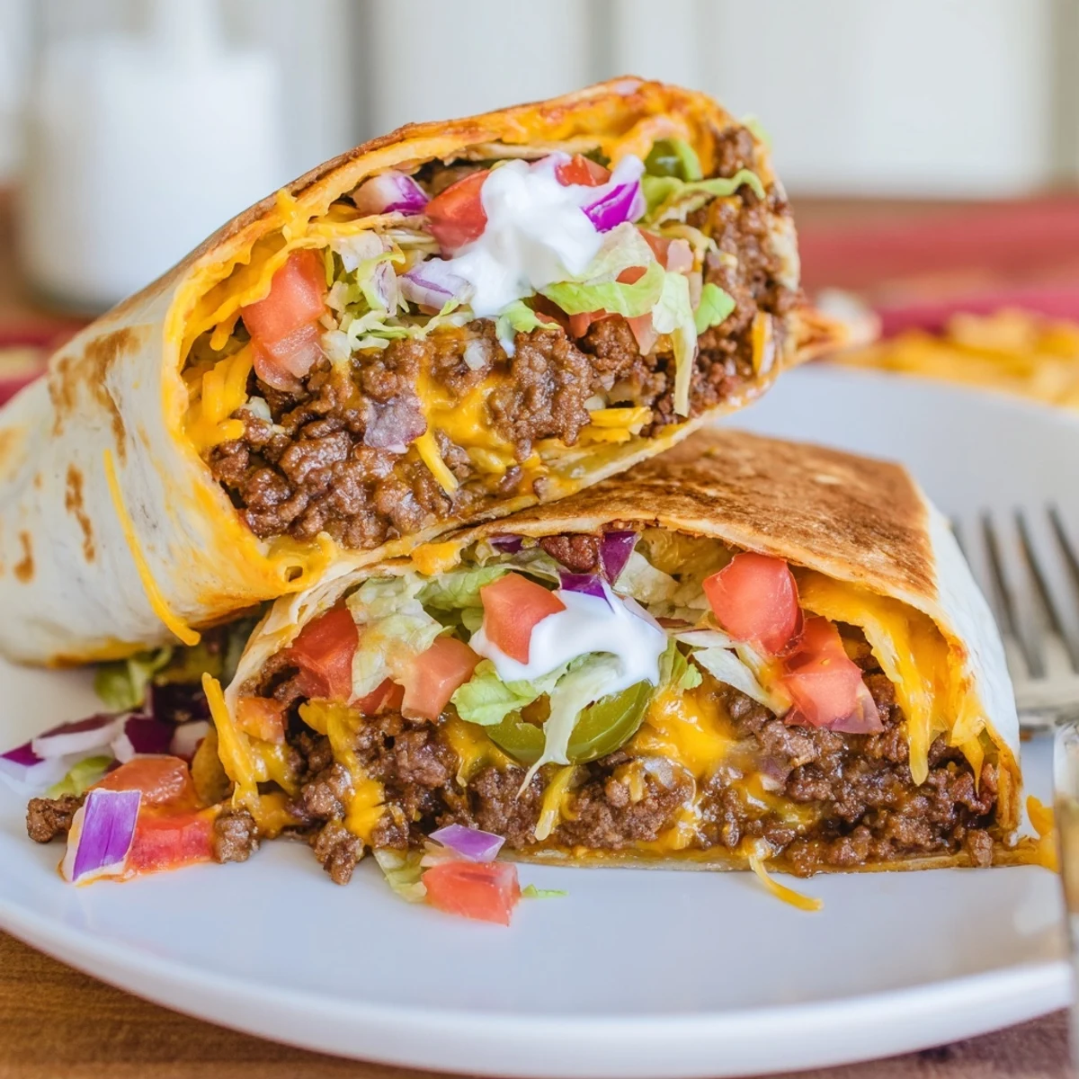 Ultimate Cheesy Beef Crunch Wraps halved to reveal molten cheese and seasoned beef