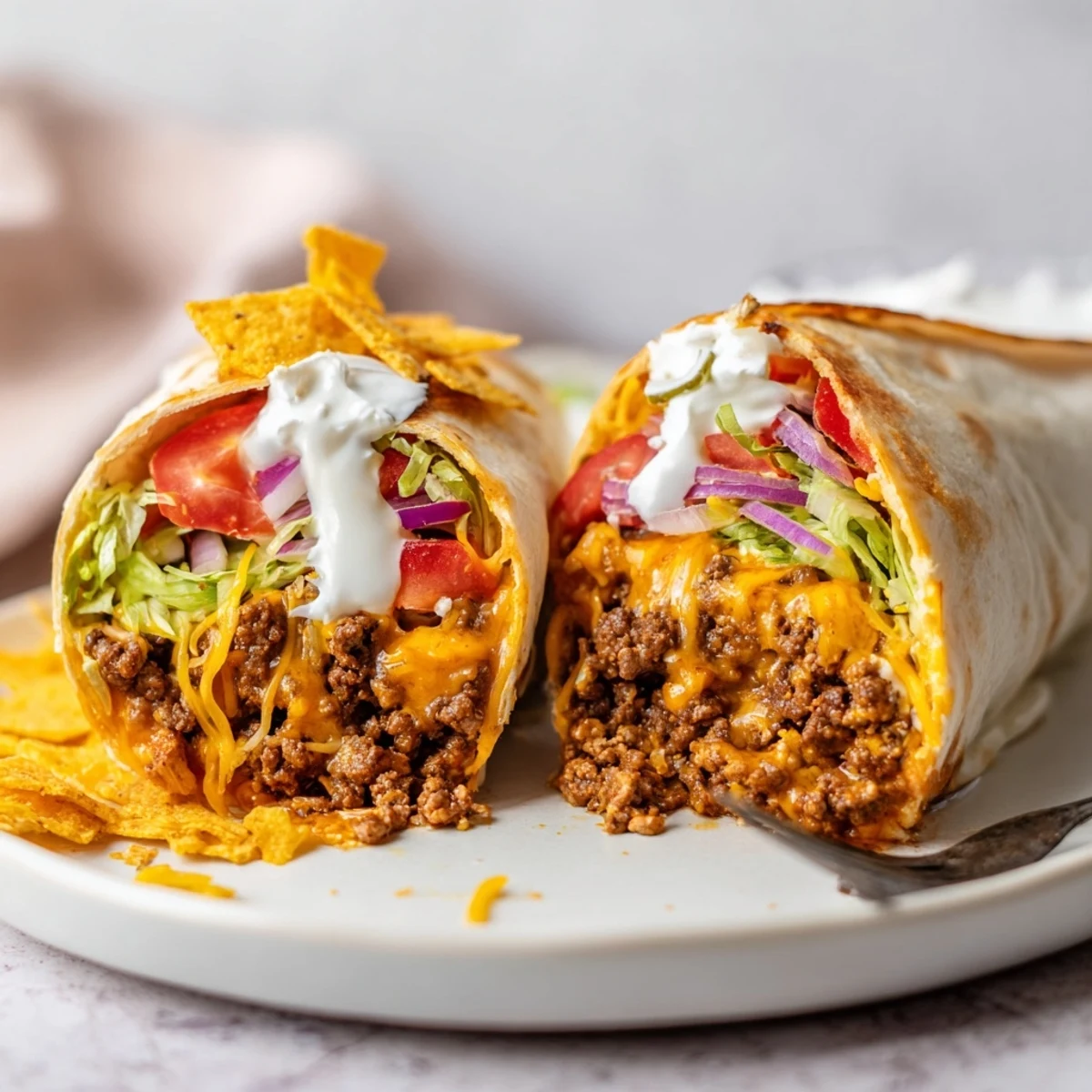 Warm Ultimate Cheesy Beef Crunch Wraps sliced, crunchy tostada center and fresh salsa